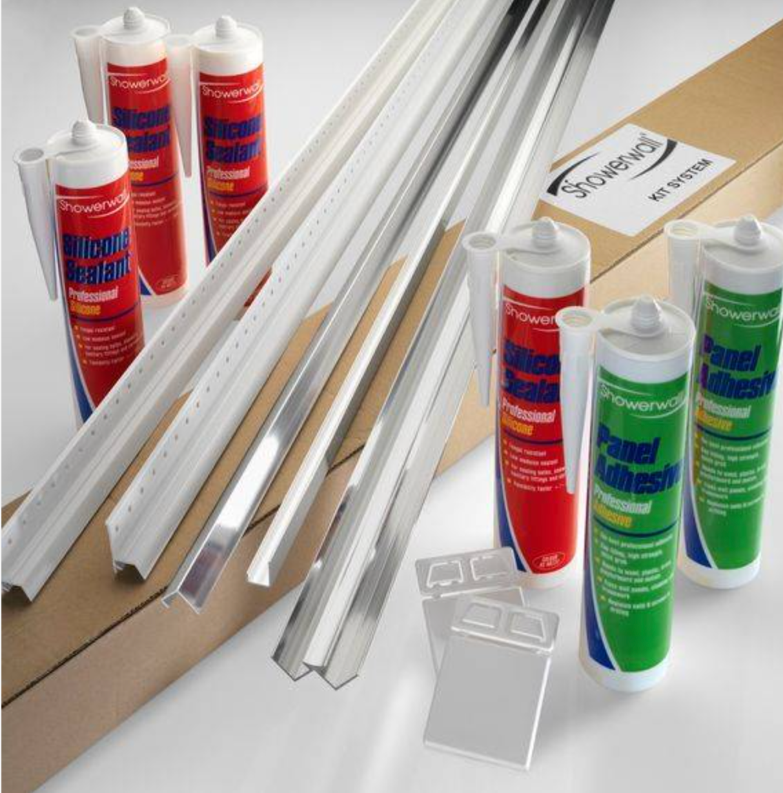 Showerwall Laminate Installation Kit - Bright Silver trim with clear or White sealant
