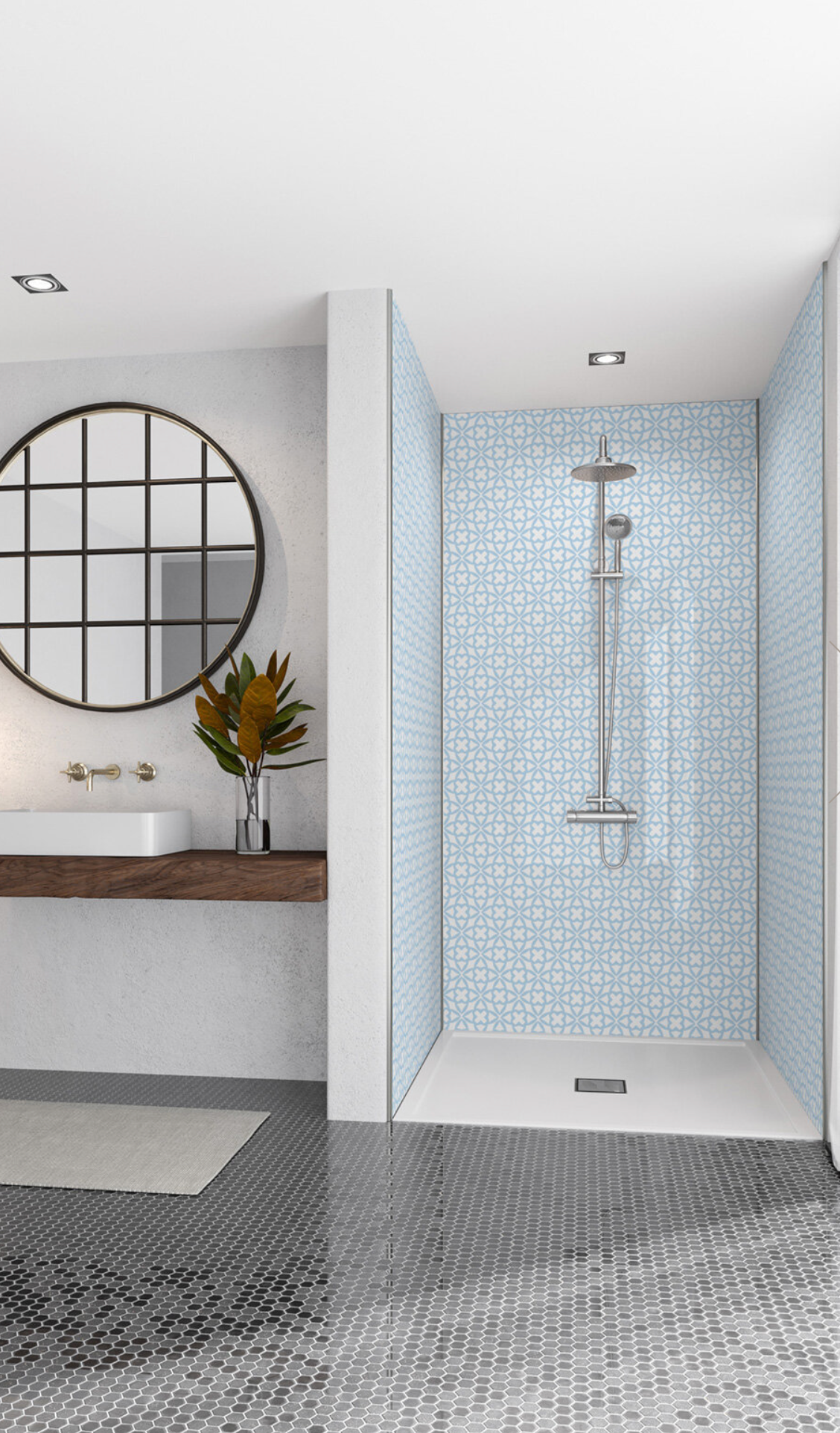 Wetwall Acrylic Patterns Shower Panels - Blue Florals/Maltese Blue